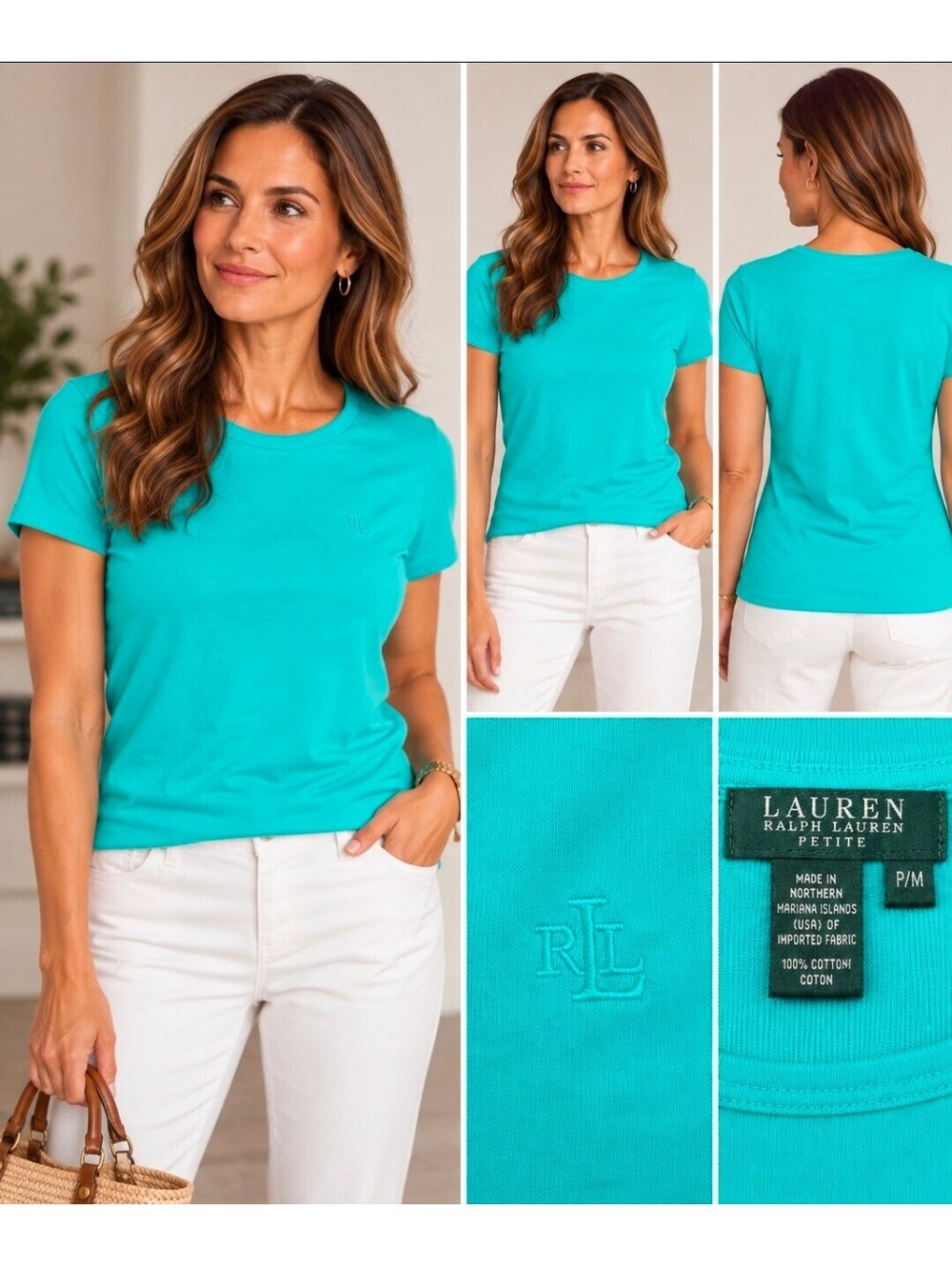 Lauren Ralph Lauren Petite P/M Turquoise 100% Cotton TShirt Embroidered LRL Logo